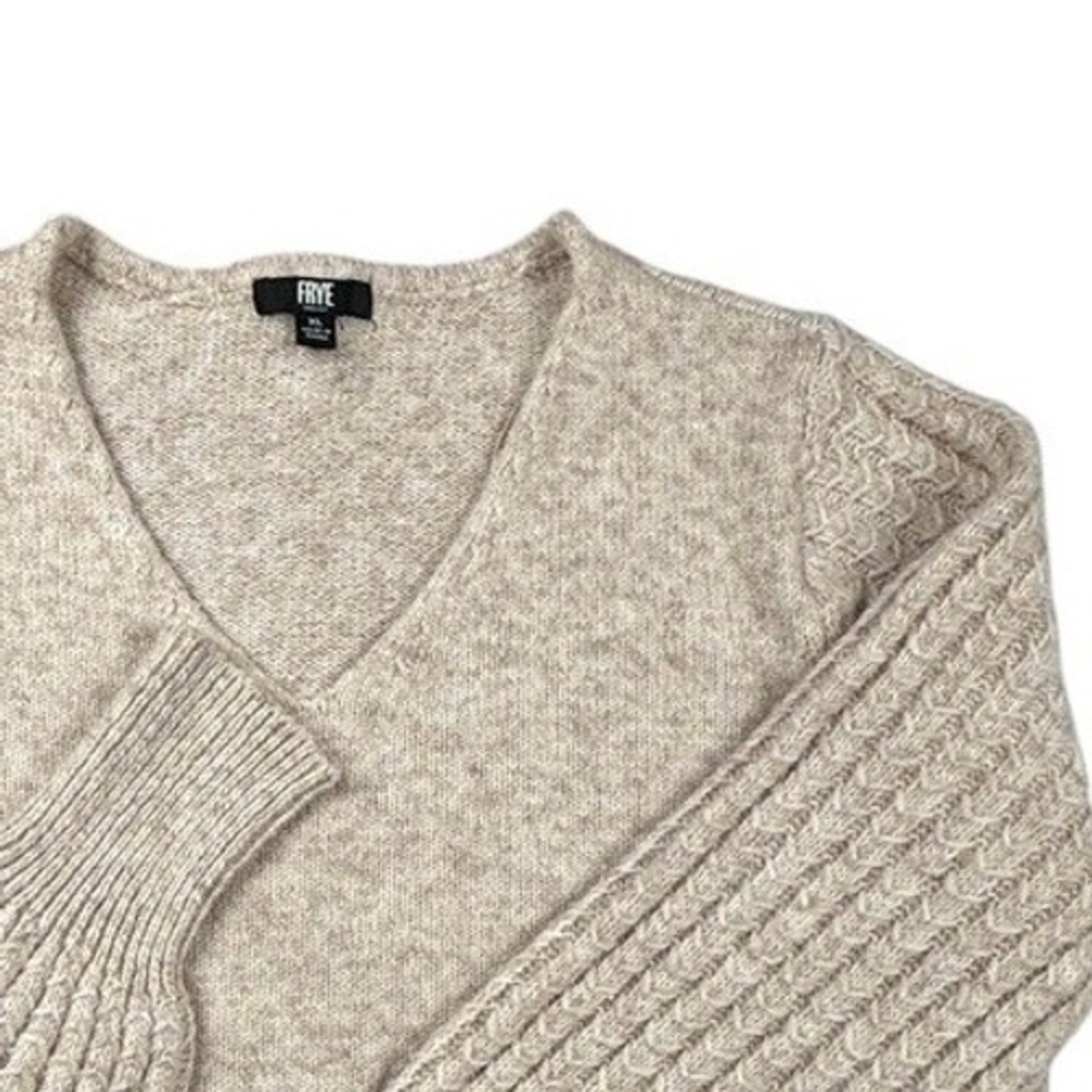 Frye Womens XL Oatmeal Heather V-Neck Balloon Sleeve Cable Knit Wool Sweater